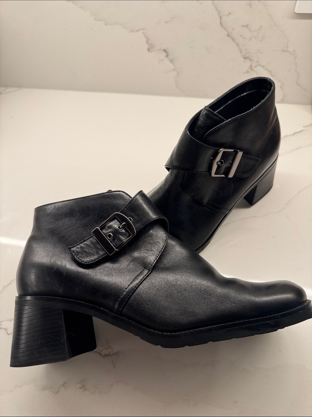 Croft & Barrow Bryanne Black Leather Y2K Square Toe Buckle Boots Size 10M